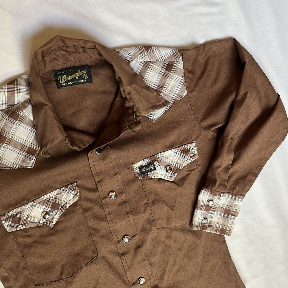 Vintage 1970S Wrangler Western Pearl Snap Shirt Plaid Permanent Press Kids Sz 8